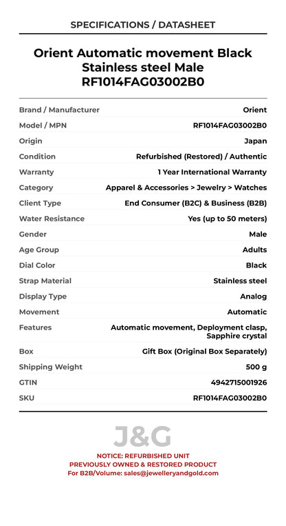 Orient Automatic movement Black Stainless steel Male RF1014FAG03002B0 - Specifications