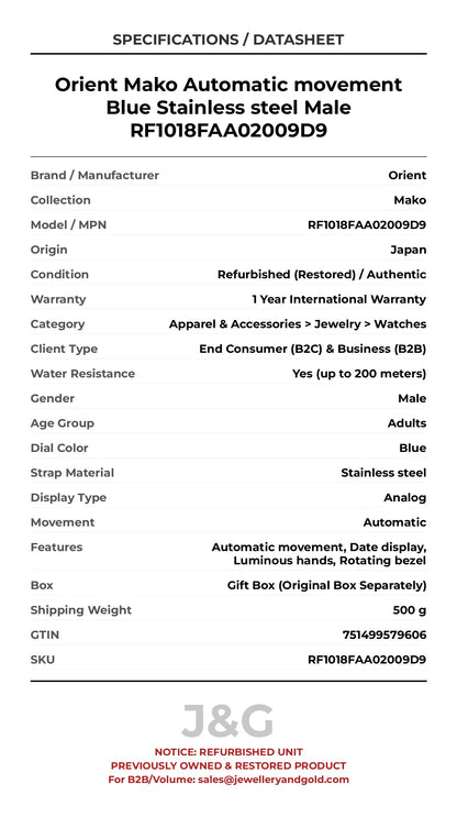 Orient Mako Automatic movement Blue Stainless steel Male RF1018FAA02009D9 - Specifications