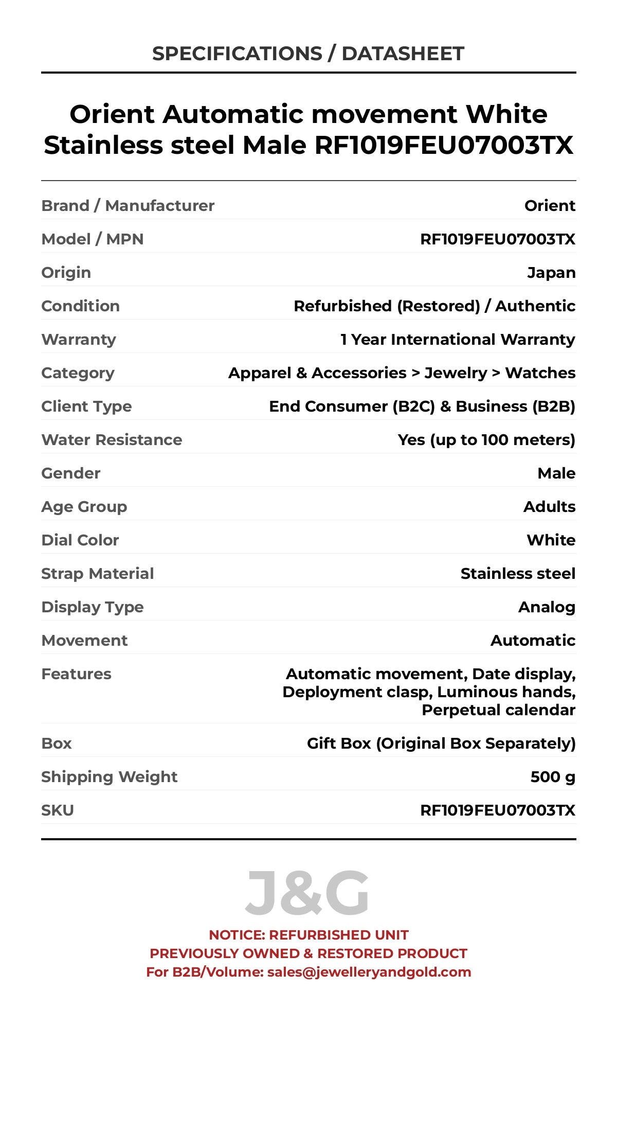Orient Automatic movement White Stainless steel Male RF1019FEU07003TX - Specifications