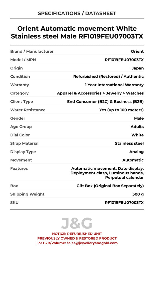 Orient Automatic movement White Stainless steel Male RF1019FEU07003TX - Specifications