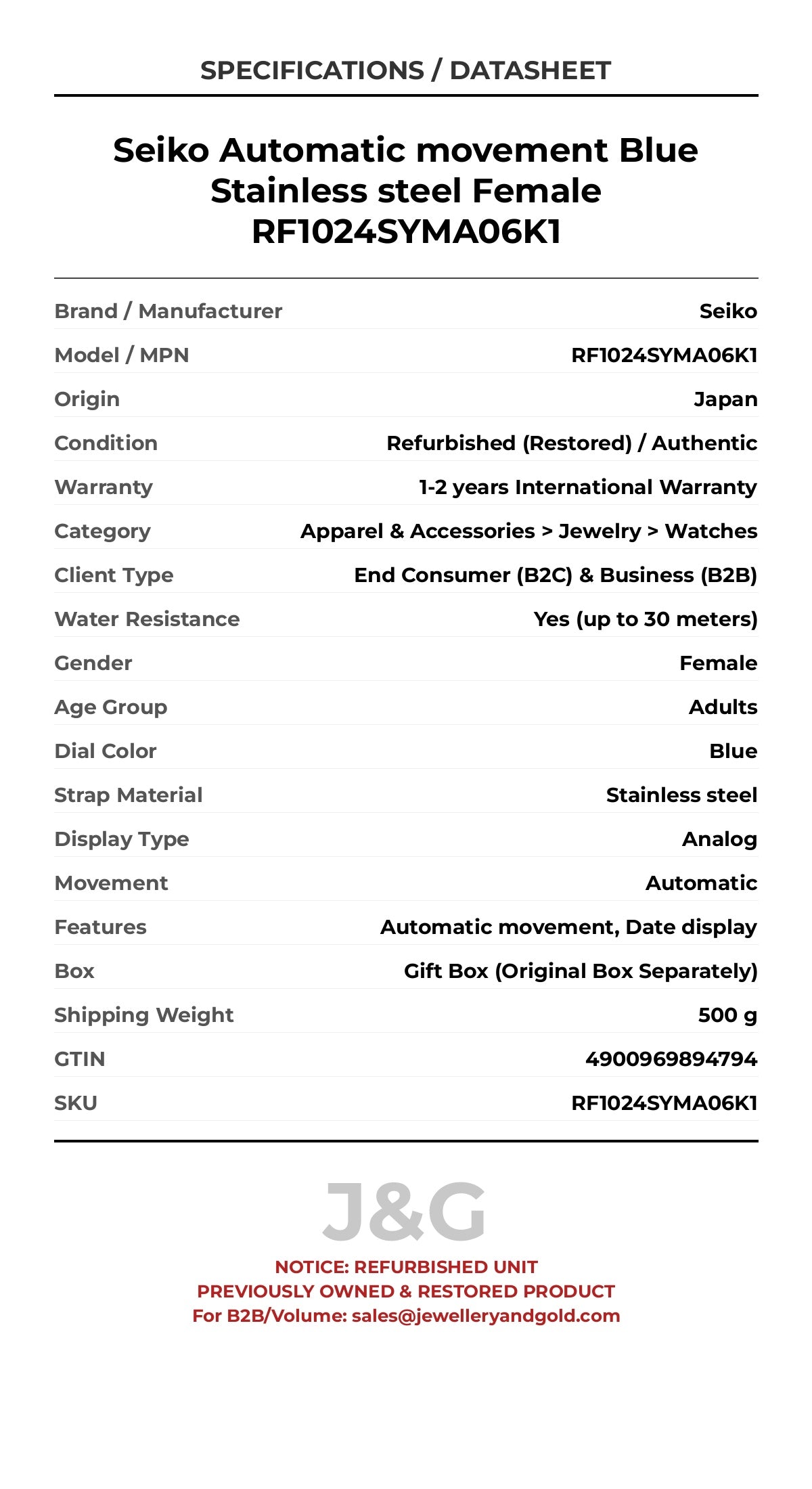 Seiko Automatic movement Blue Stainless steel Female RF1024SYMA06K1 - Specifications