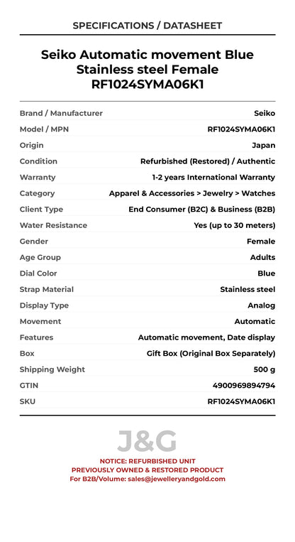 Seiko Automatic movement Blue Stainless steel Female RF1024SYMA06K1 - Specifications
