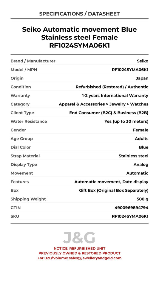 Seiko Automatic movement Blue Stainless steel Female RF1024SYMA06K1 - Specifications
