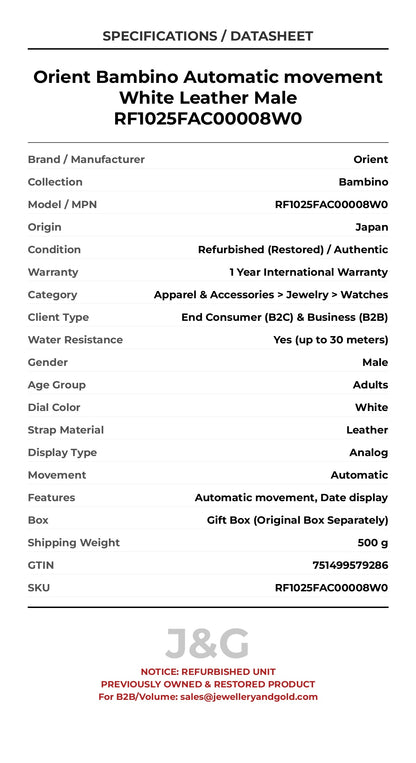 Orient Bambino Automatic movement White Leather Male RF1025FAC00008W0 - Specifications