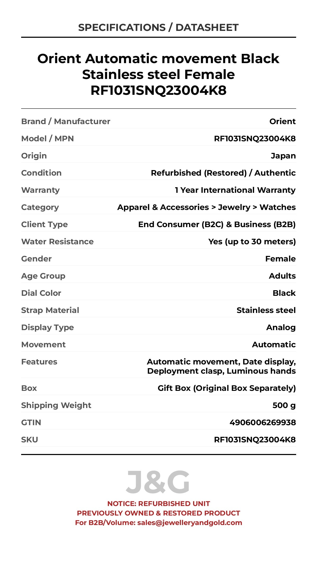 Orient Automatic movement Black Stainless steel Female RF1031SNQ23004K8 - Specifications