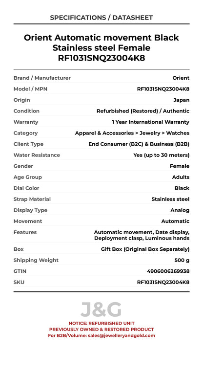 Orient Automatic movement Black Stainless steel Female RF1031SNQ23004K8 - Specifications