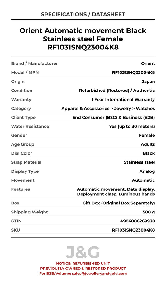 Orient Automatic movement Black Stainless steel Female RF1031SNQ23004K8 - Specifications