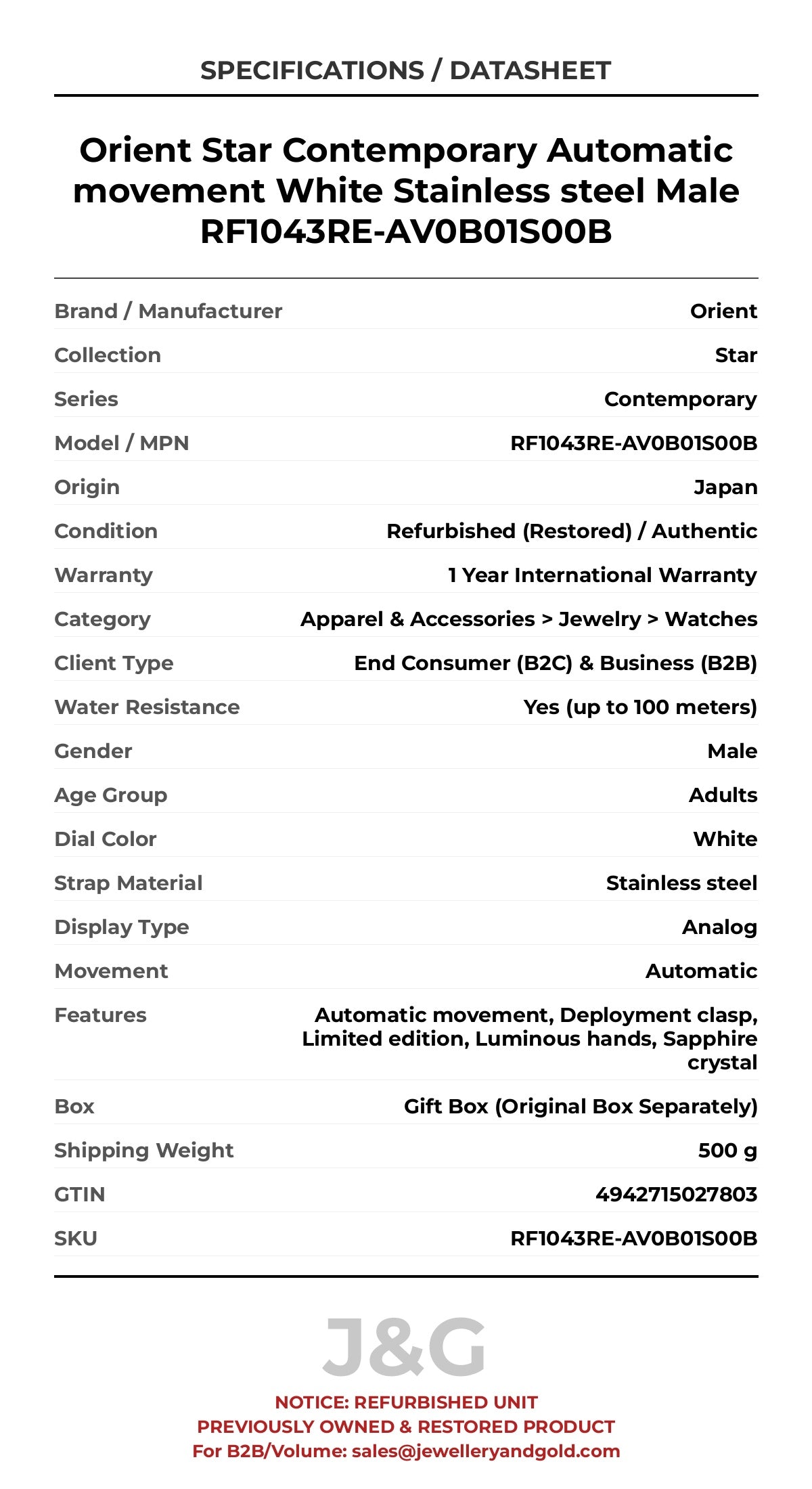 Orient Star Contemporary Automatic movement White Stainless steel Male RF1043RE-AV0B01S00B - Specifications
