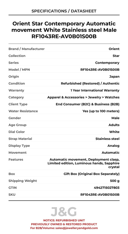 Orient Star Contemporary Automatic movement White Stainless steel Male RF1043RE-AV0B01S00B - Specifications