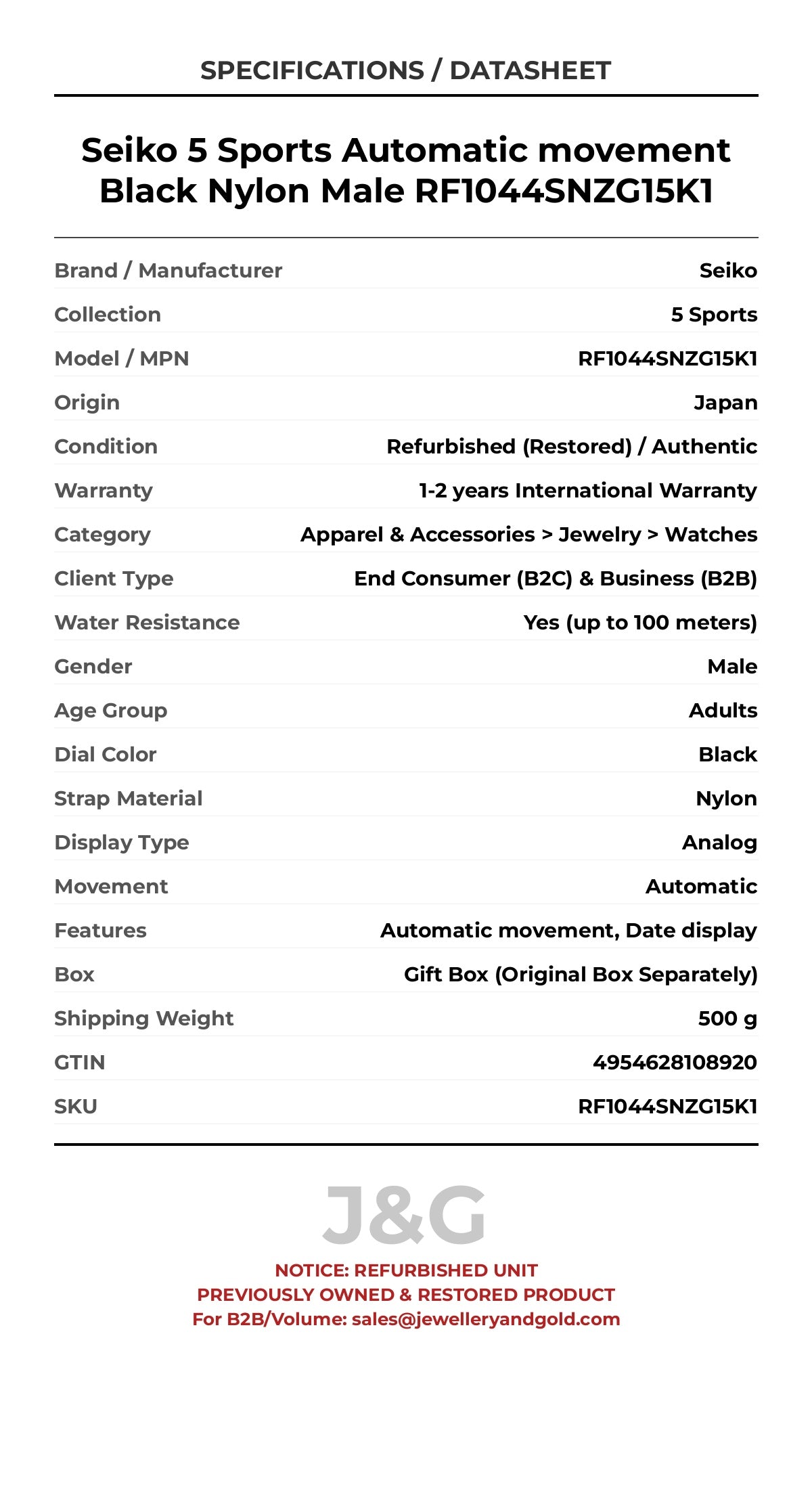 Seiko 5 Sports Automatic movement Black Nylon Male RF1044SNZG15K1 - Specifications