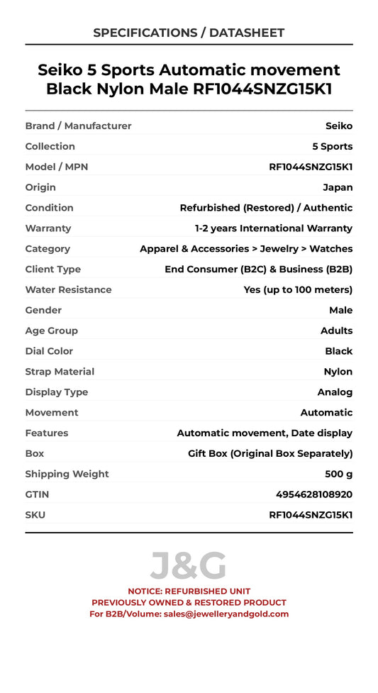 Seiko 5 Sports Automatic movement Black Nylon Male RF1044SNZG15K1 - Specifications