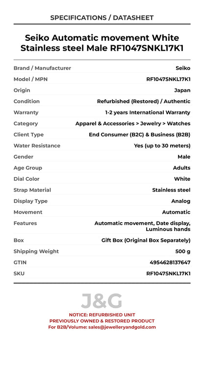 Seiko Automatic movement White Stainless steel Male RF1047SNKL17K1 - Specifications