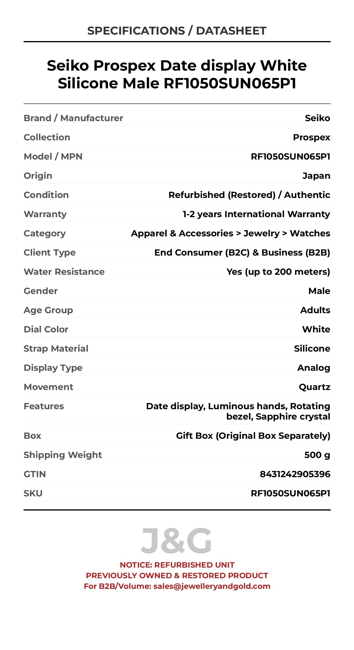 Seiko Prospex Date display White Silicone Male RF1050SUN065P1 - Specifications