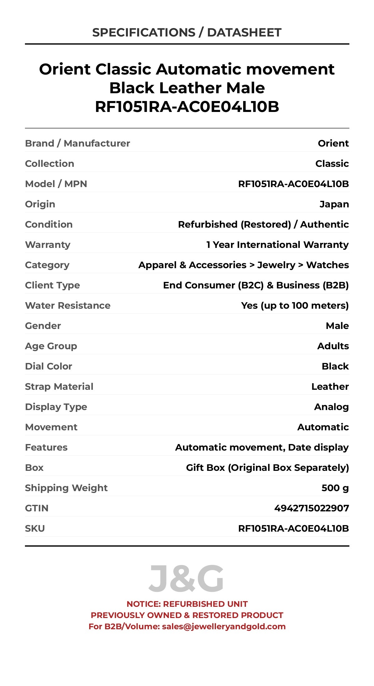 Orient Classic Automatic movement Black Leather Male RF1051RA-AC0E04L10B - Specifications