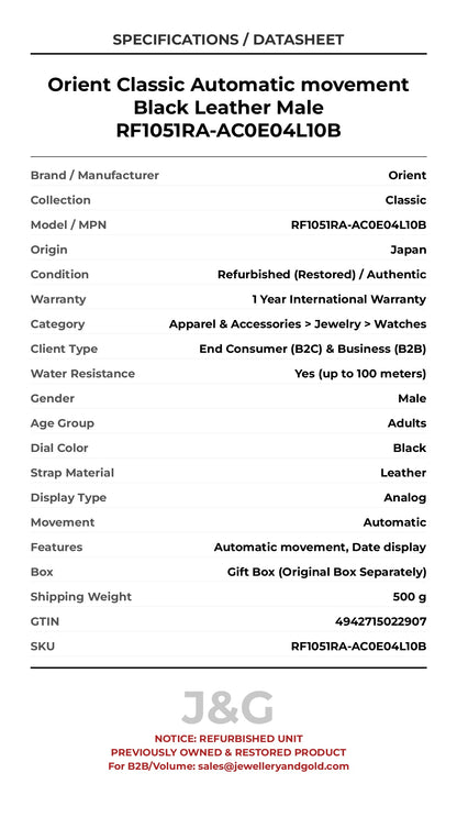 Orient Classic Automatic movement Black Leather Male RF1051RA-AC0E04L10B - Specifications