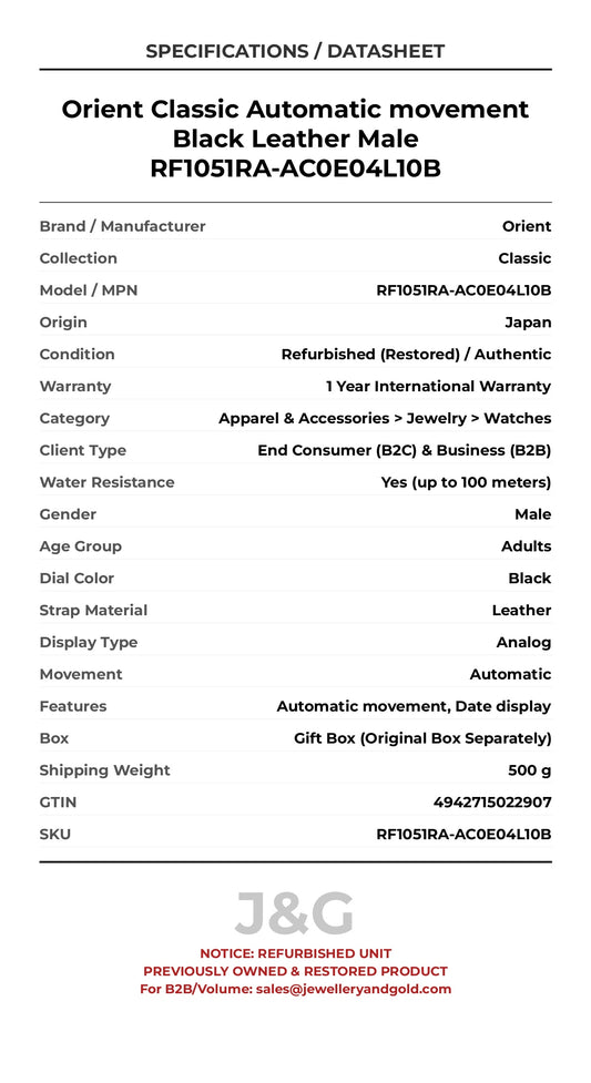 Orient Classic Automatic movement Black Leather Male RF1051RA-AC0E04L10B - Specifications