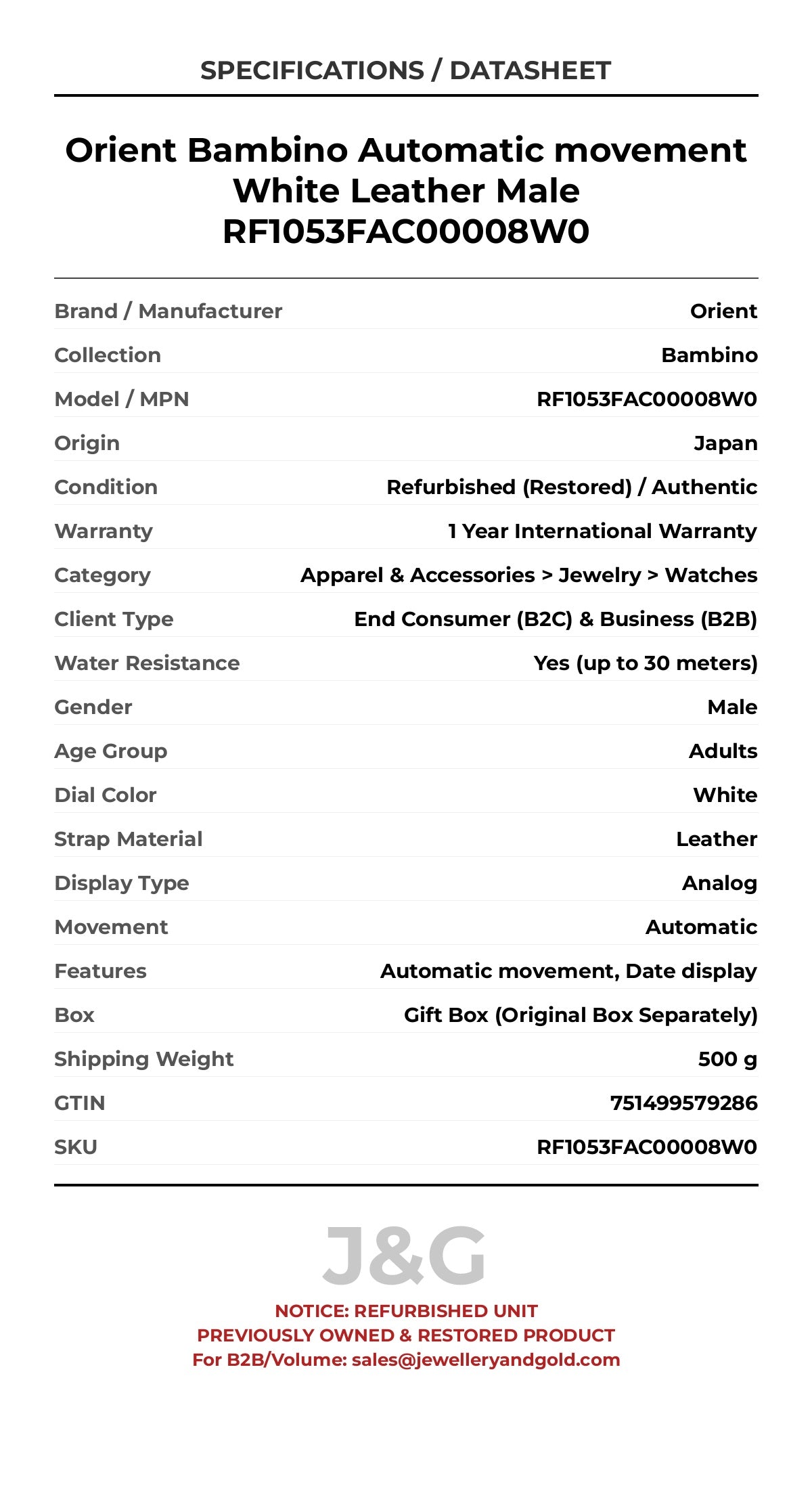Orient Bambino Automatic movement White Leather Male RF1053FAC00008W0 - Specifications