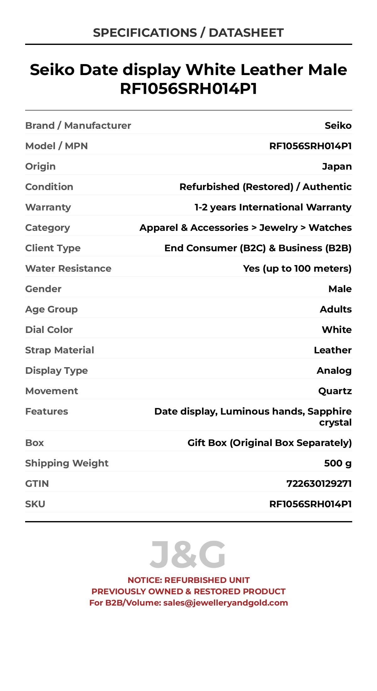 Seiko Date display White Leather Male RF1056SRH014P1 - Specifications