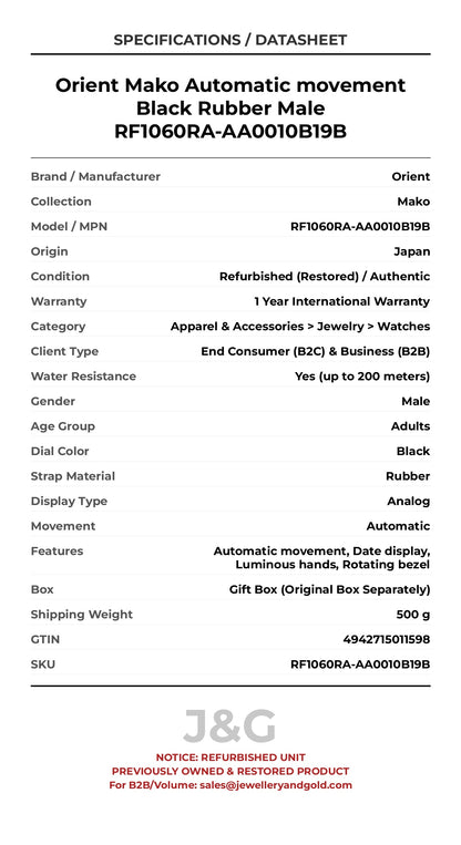 Orient Mako Automatic movement Black Rubber Male RF1060RA-AA0010B19B - Specifications