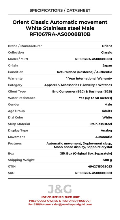 Orient Classic Automatic movement White Stainless steel Male RF1067RA-AS0008B10B - Specifications