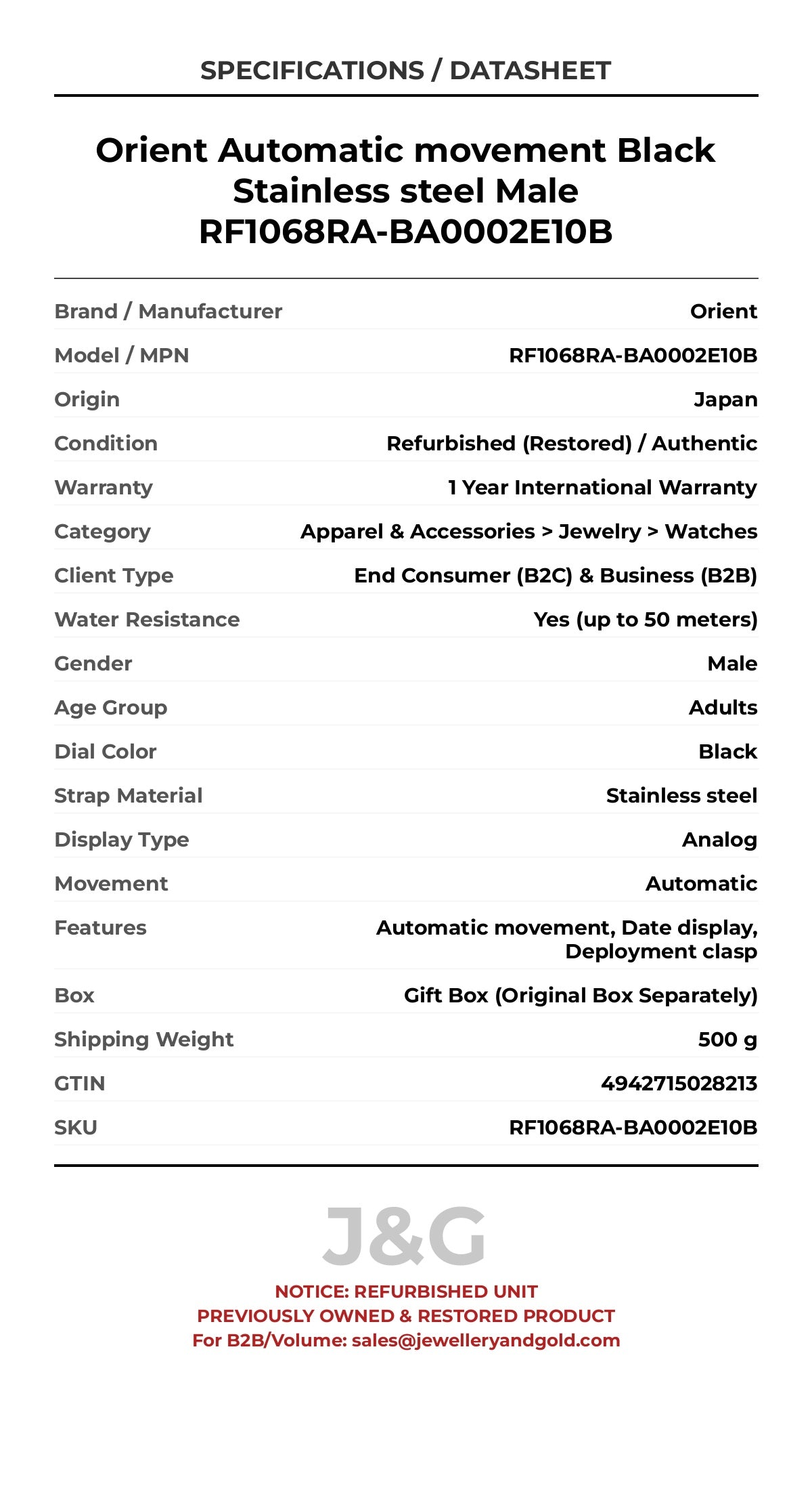Orient Automatic movement Black Stainless steel Male RF1068RA-BA0002E10B - Specifications