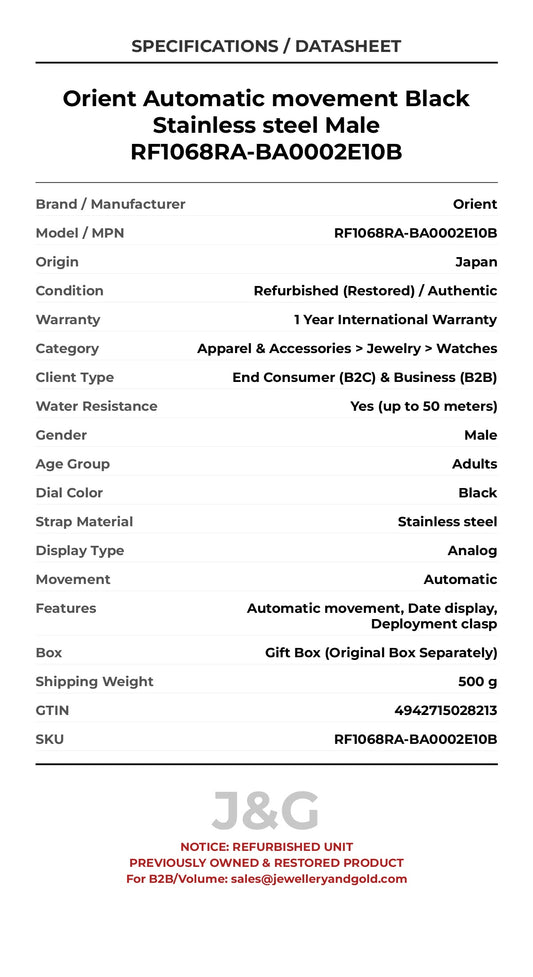 Orient Automatic movement Black Stainless steel Male RF1068RA-BA0002E10B - Specifications