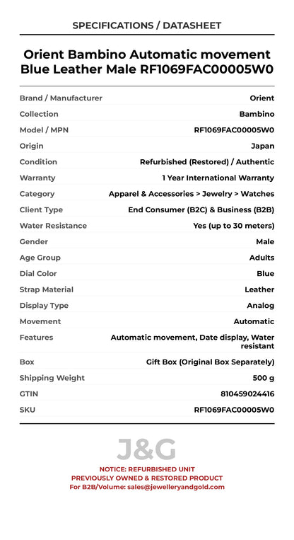 Orient Bambino Automatic movement Blue Leather Male RF1069FAC00005W0 - Specifications