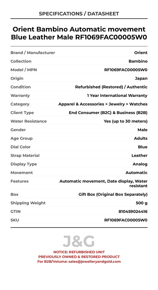 Orient Bambino Automatic movement Blue Leather Male RF1069FAC00005W0 - Specifications