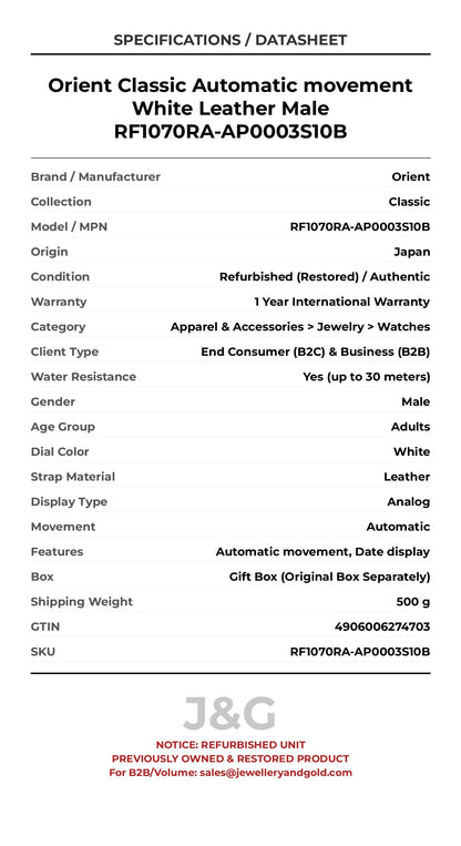 Orient Classic Automatic movement White Leather Male RF1070RA-AP0003S10B - Specifications