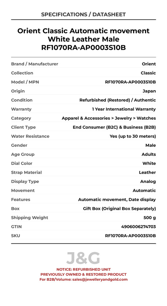 Orient Classic Automatic movement White Leather Male RF1070RA-AP0003S10B - Specifications