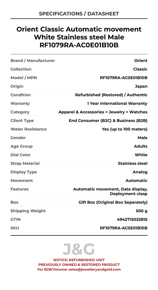 Orient Classic Automatic movement White Stainless steel Male RF1079RA-AC0E01B10B - Specifications