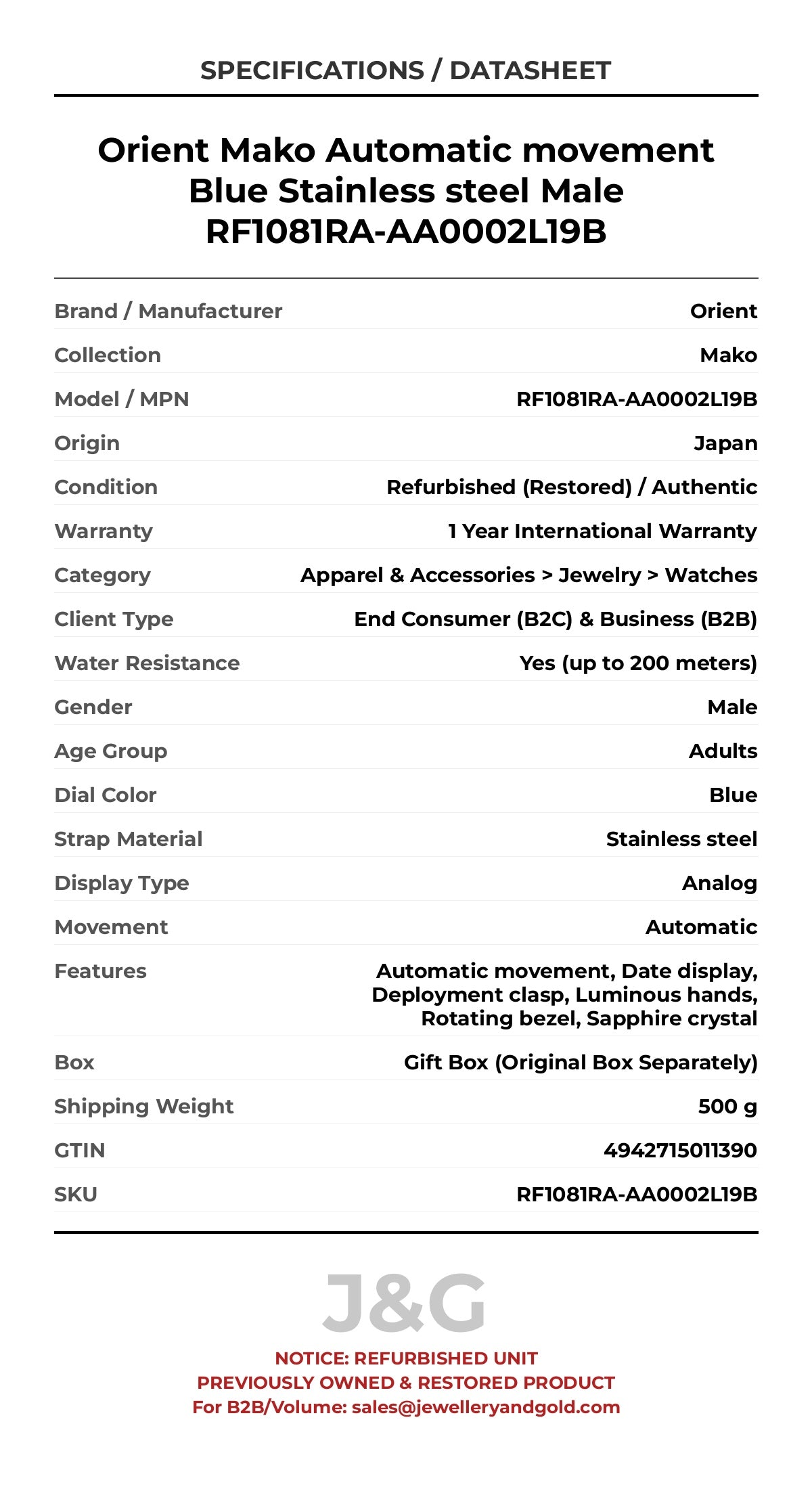 Orient Mako Automatic movement Blue Stainless steel Male RF1081RA-AA0002L19B - Specifications