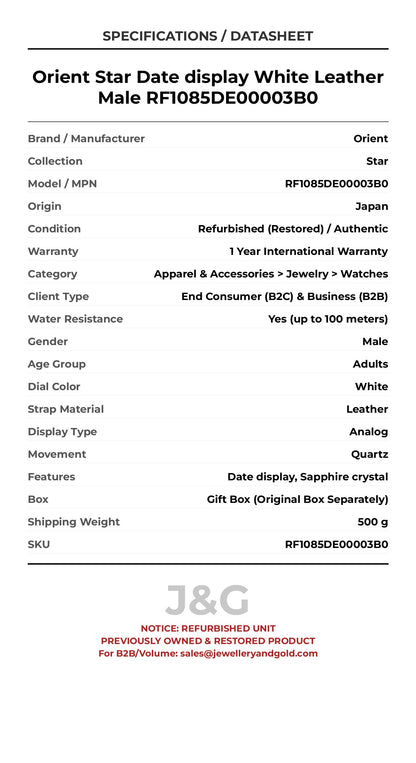 Orient Star Date display White Leather Male RF1085DE00003B0 - Specifications