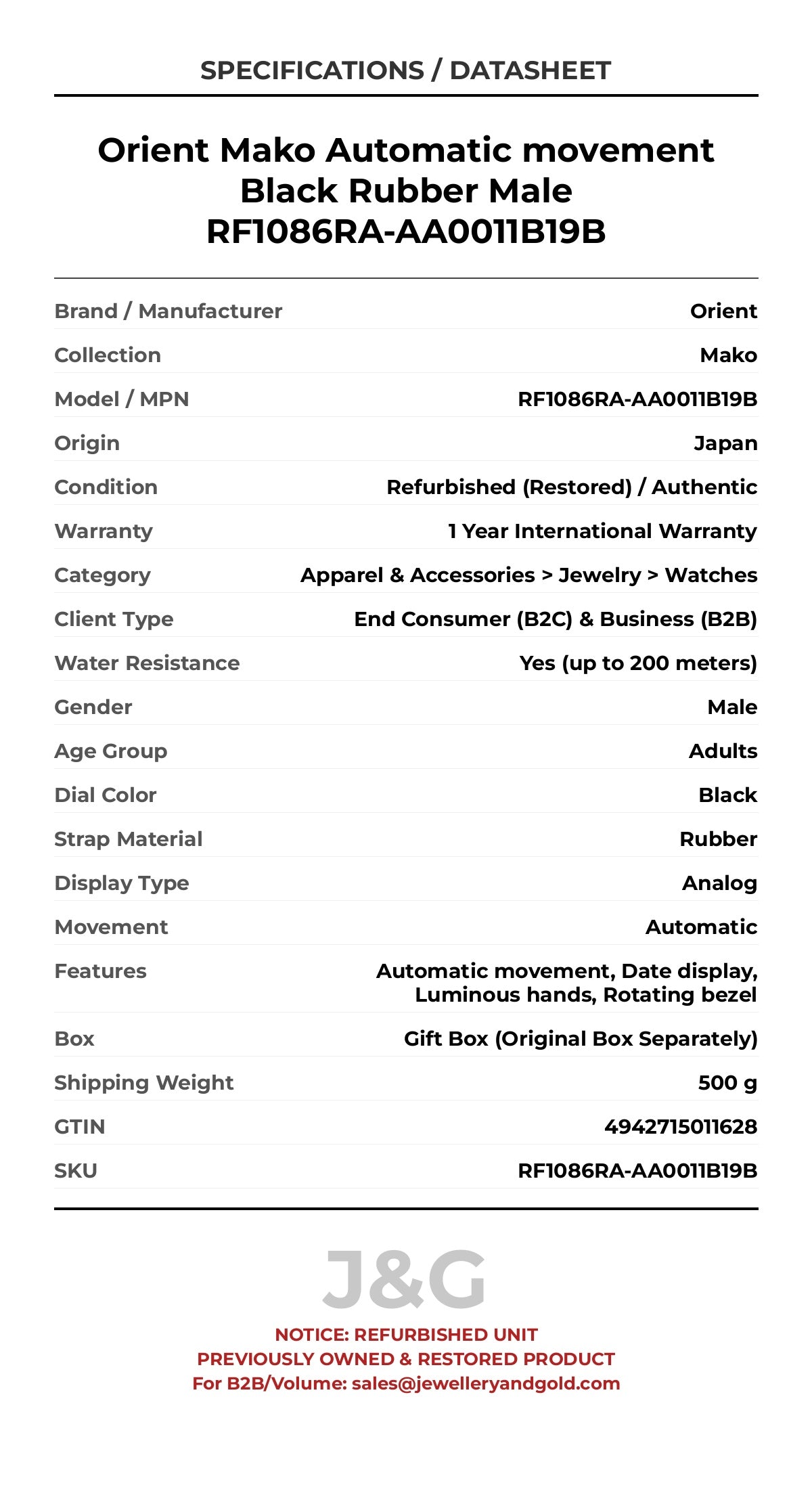 Orient Mako Automatic movement Black Rubber Male RF1086RA-AA0011B19B - Specifications