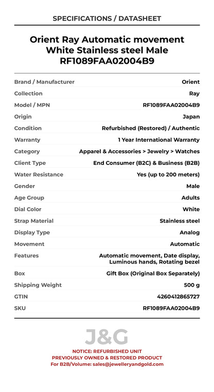 Orient Ray Automatic movement White Stainless steel Male RF1089FAA02004B9 - Specifications