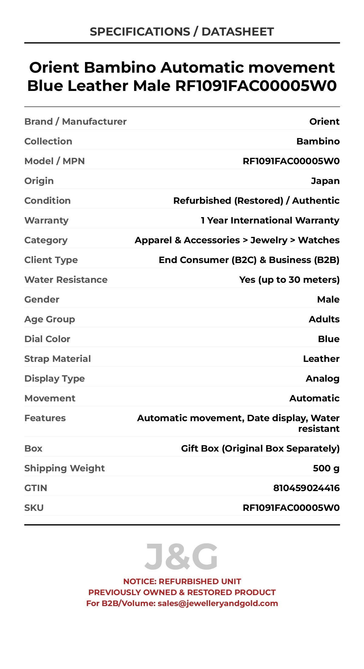 Orient Bambino Automatic movement Blue Leather Male RF1091FAC00005W0 - Specifications