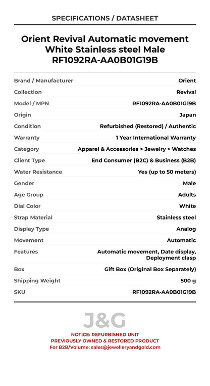 Orient Revival Automatic movement White Stainless steel Male RF1092RA-AA0B01G19B - Specifications