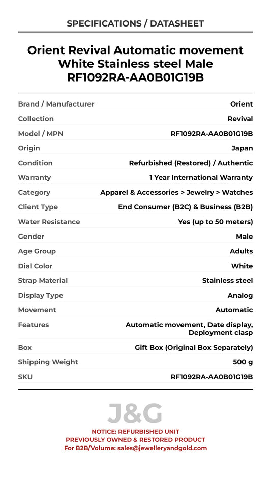 Orient Revival Automatic movement White Stainless steel Male RF1092RA-AA0B01G19B - Specifications