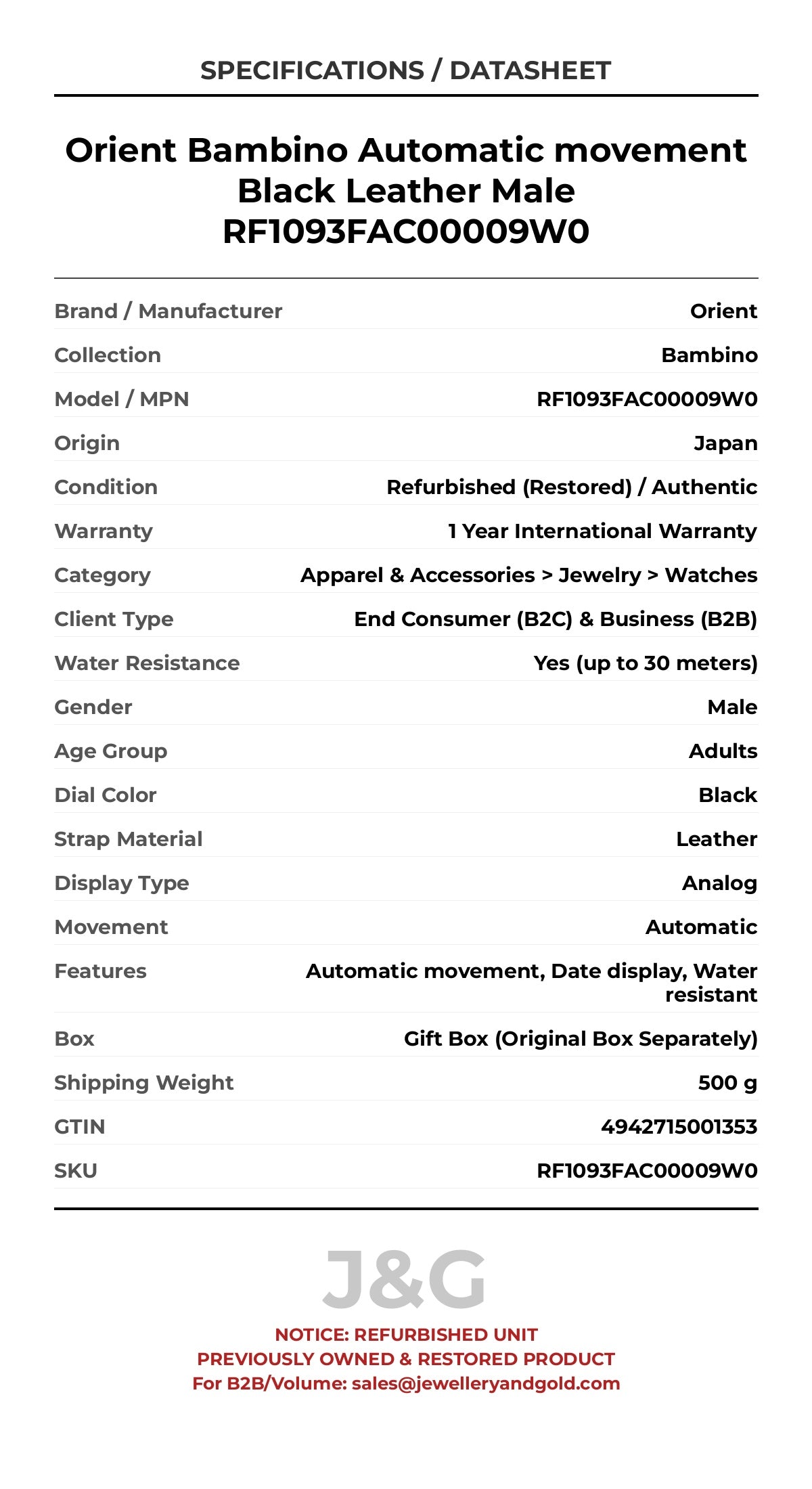 Orient Bambino Automatic movement Black Leather Male RF1093FAC00009W0 - Specifications