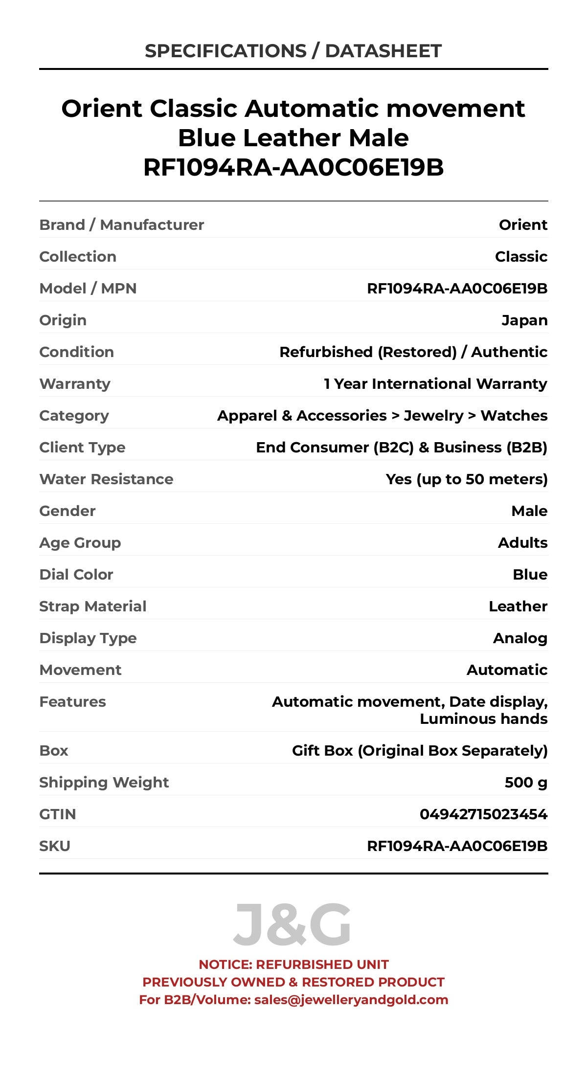 Orient Classic Automatic movement Blue Leather Male RF1094RA-AA0C06E19B - Specifications