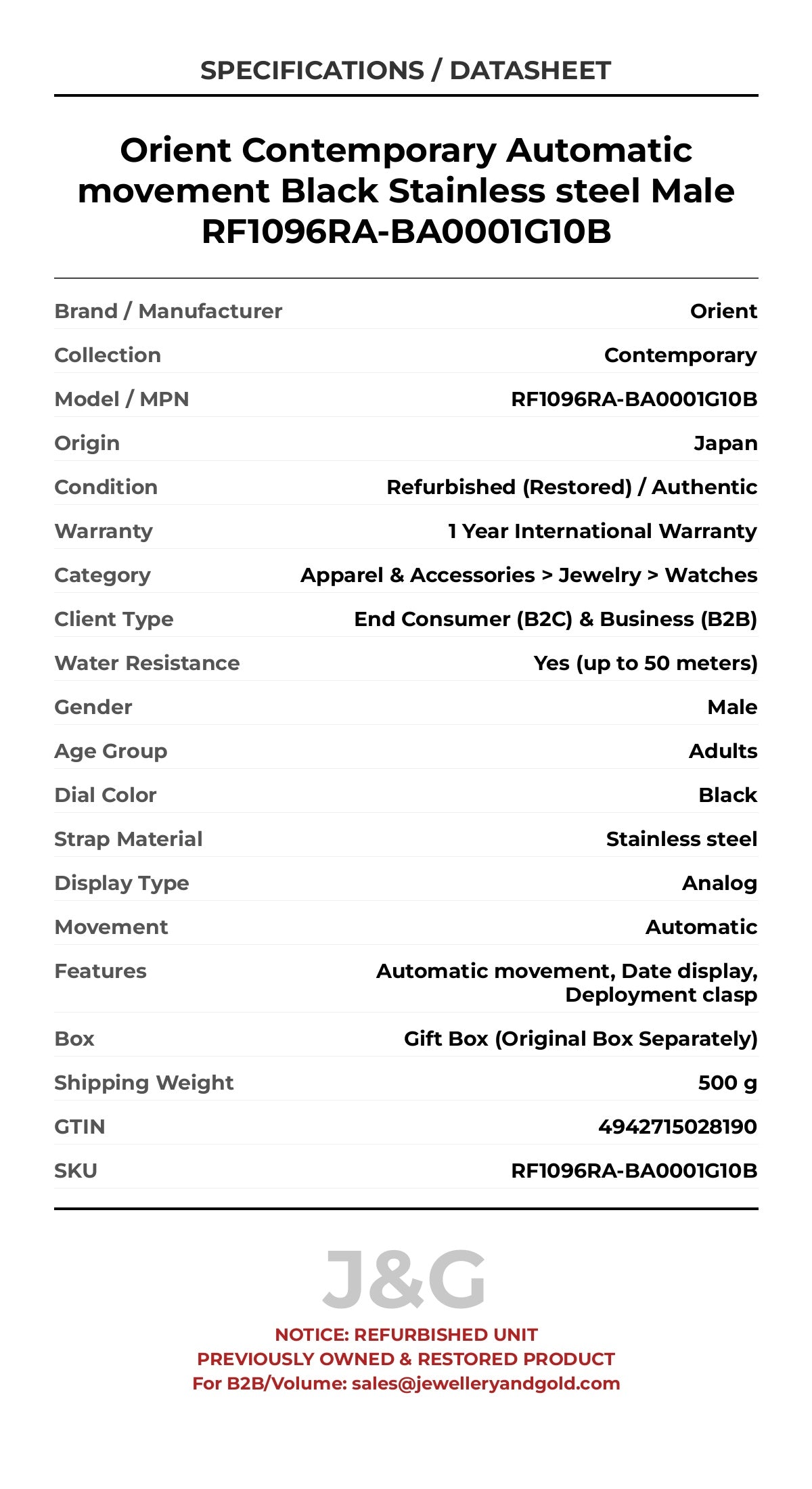Orient Contemporary Automatic movement Black Stainless steel Male RF1096RA-BA0001G10B - Specifications