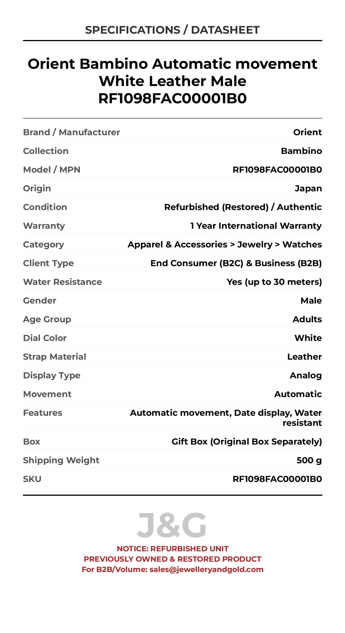 Orient Bambino Automatic movement White Leather Male RF1098FAC00001B0 - Specifications