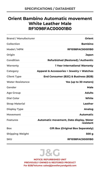 Orient Bambino Automatic movement White Leather Male RF1098FAC00001B0 - Specifications