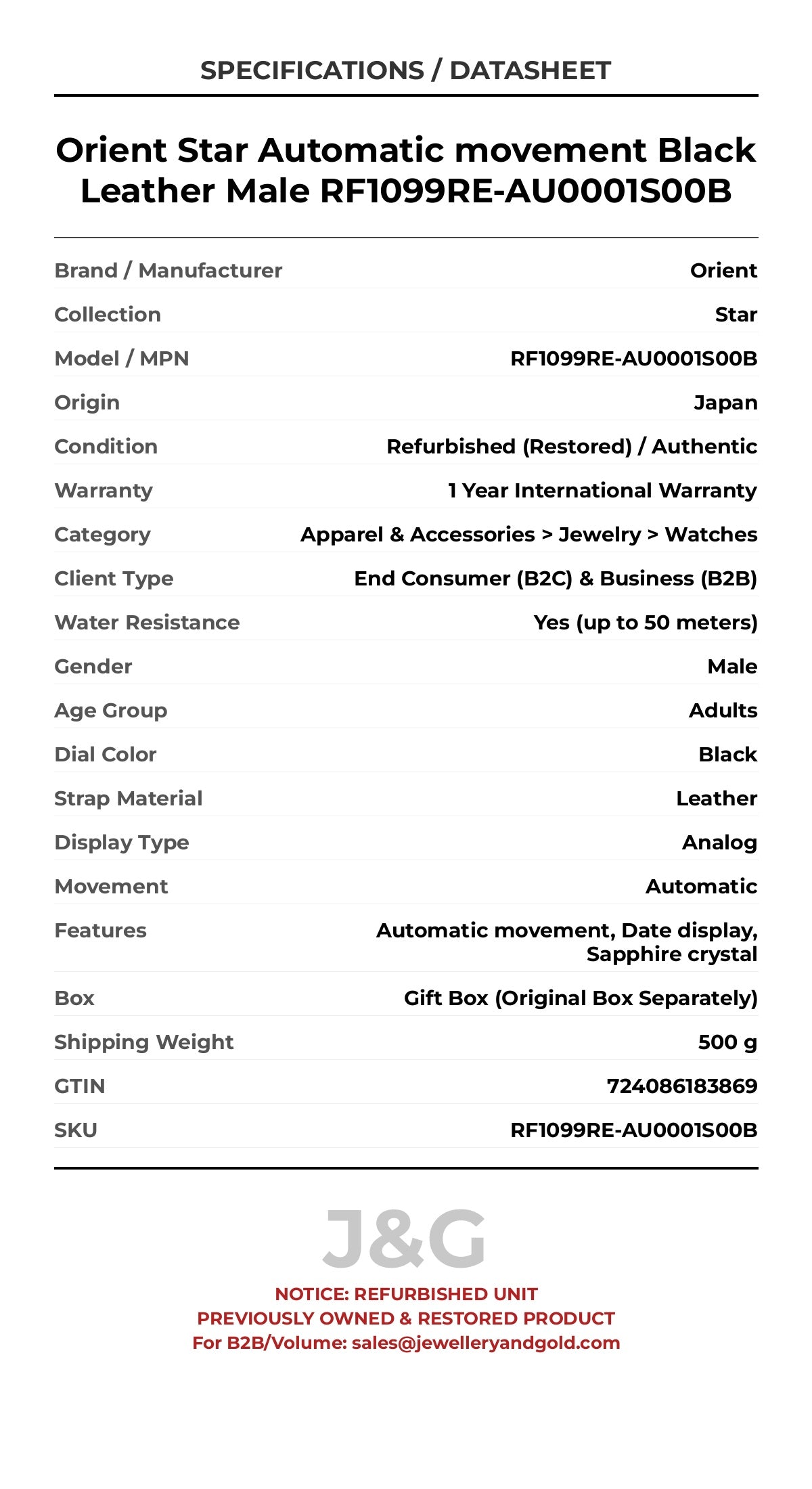 Orient Star Automatic movement Black Leather Male RF1099RE-AU0001S00B - Specifications