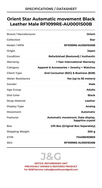 Orient Star Automatic movement Black Leather Male RF1099RE-AU0001S00B - Specifications