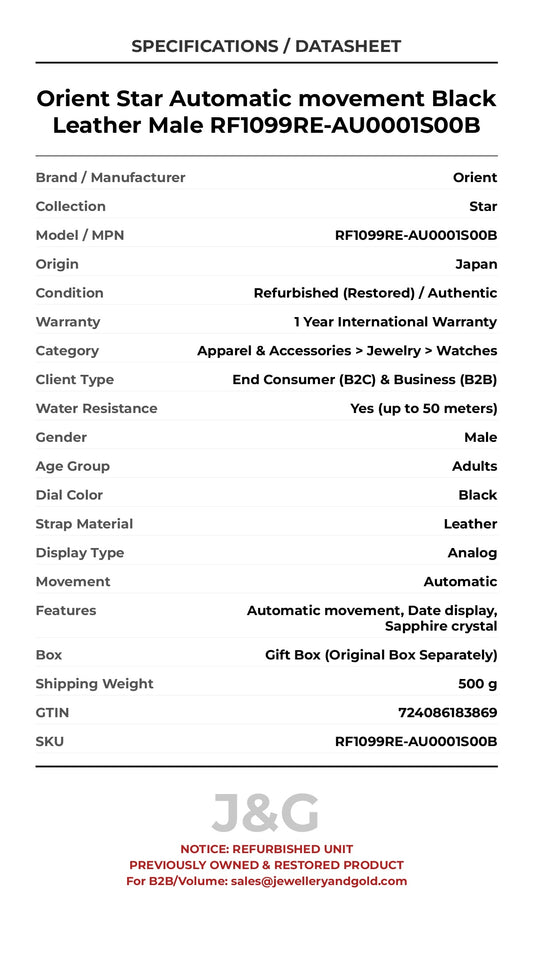 Orient Star Automatic movement Black Leather Male RF1099RE-AU0001S00B - Specifications