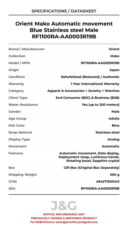 Orient Mako Automatic movement Blue Stainless steel Male RF1100RA-AA0003R19B - Specifications