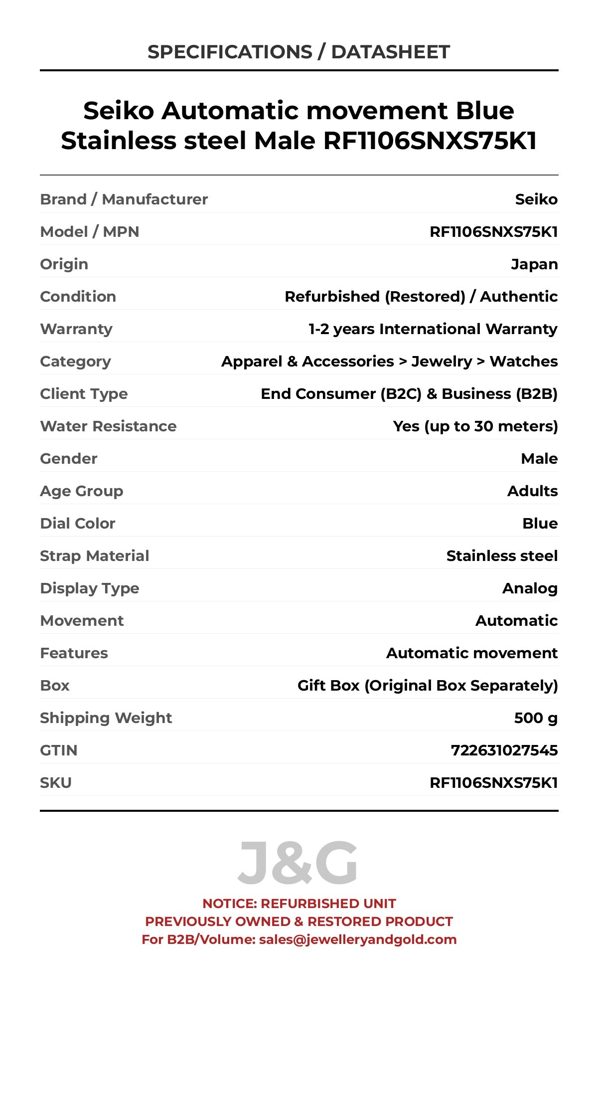 Seiko Automatic movement Blue Stainless steel Male RF1106SNXS75K1 - Specifications