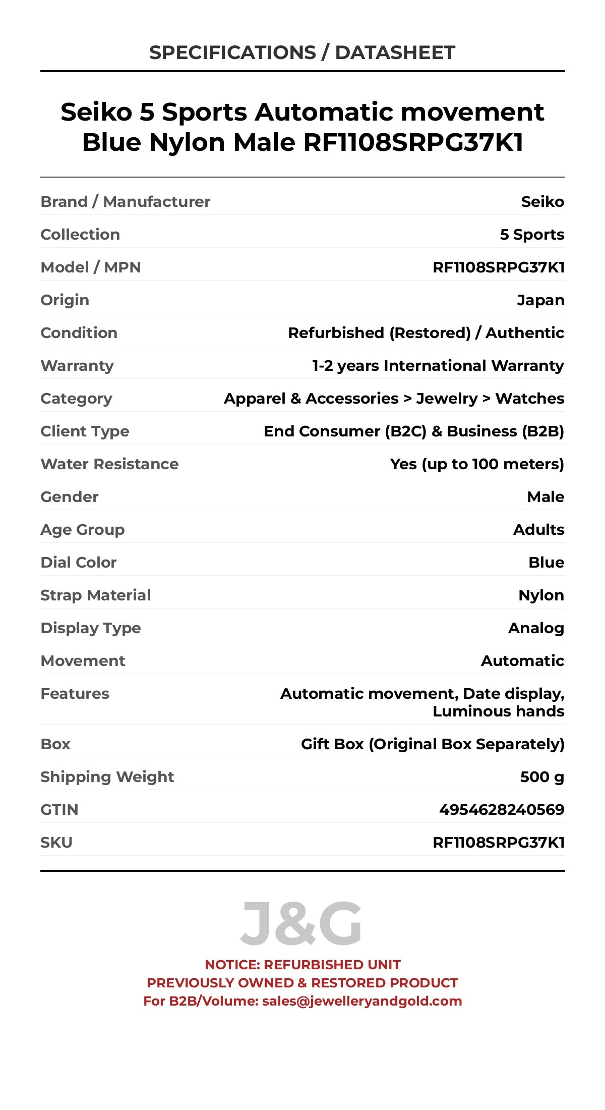 Seiko 5 Sports Automatic movement Blue Nylon Male RF1108SRPG37K1 - Specifications