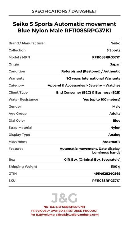 Seiko 5 Sports Automatic movement Blue Nylon Male RF1108SRPG37K1 - Specifications